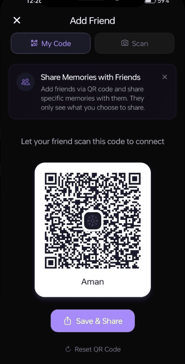 Resyl QR code for sharing memories with a friend