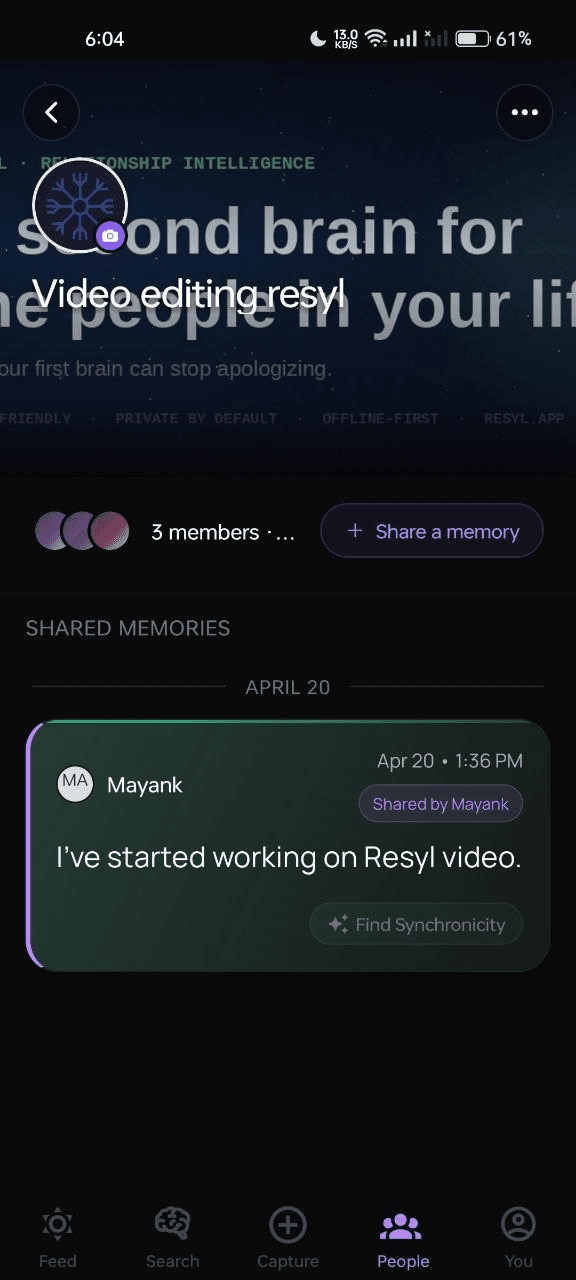 A Resyl Community feed with members and shared memories
