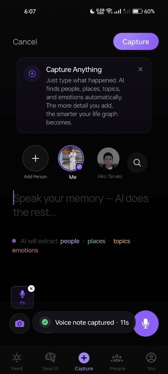 Resyl after a voice note is captured and transcribed into a memory